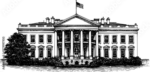 white house engraving black and white outline
