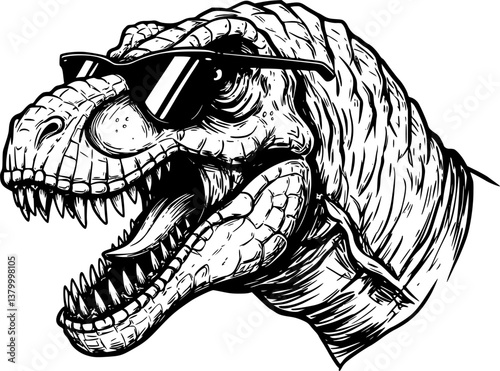 Cool Dinosaur with Sunglasses Head Vector Illustration in Black and White Detailed Line Art
