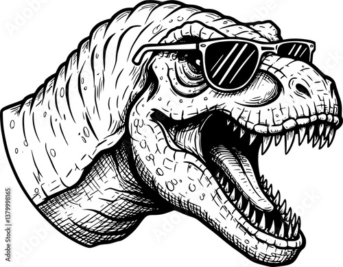 Cool Dinosaur with Sunglasses Head Vector Illustration in Black and White Detailed Line Art
