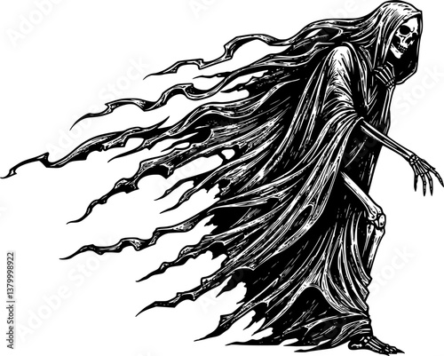 ghost hood robe fly engraving black and white outline

