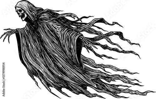 ghost hood robe fly engraving black and white outline
