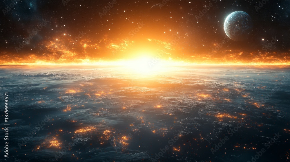 Fototapeta premium Sunrise over Earth. Golden light on clouds, planet and stars