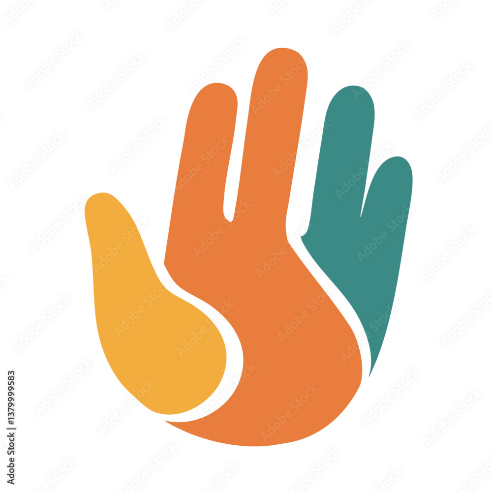 Obraz premium Colorful stylized hand formed by overlapping orange, yellow, and teal shapes, symbolizing unity, diversity, and community connection