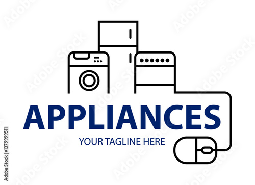 Modern minimalist home appliance store logo. Refrigerator stove and washing machine icon.