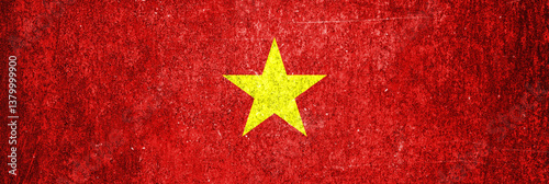 Vietnam state flag on a metal surface. Banner of dirty grunge Vietnam flag.