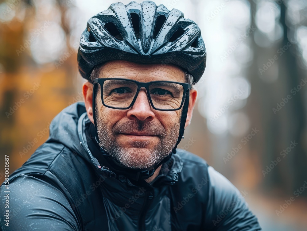 Obraz premium Confident Biker in Rainy Forest with Helmet and Glasses