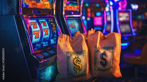 Colorful casino slot machines beside bags of money and gold in a vibrant gaming atmosphere