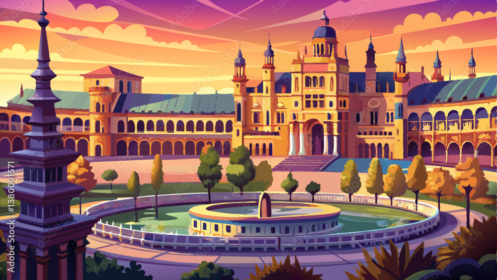 Obraz premium View of the Plaza de España in Seville at sunset, on a spring day