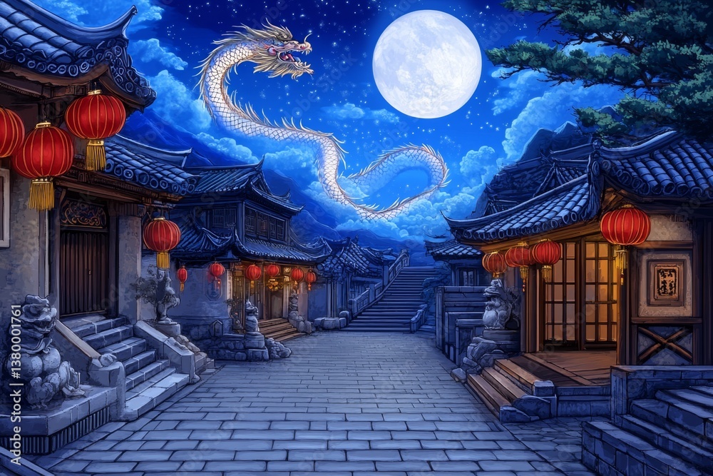 A pixel-art scene of a vibrant Chinese New Year street festival, with dragon dancers, red lanterns, and fireworks A pixel-art scene of a vibrant Chinese New Year street festival, with dragon dancers, red lanterns, and fireworks