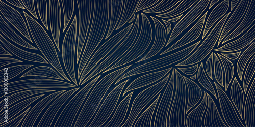 Vector gold leaves art deco pattern, linear floral jungle background, elegant botanical foliage decor, summer print. Vintage boho fabric drawing.