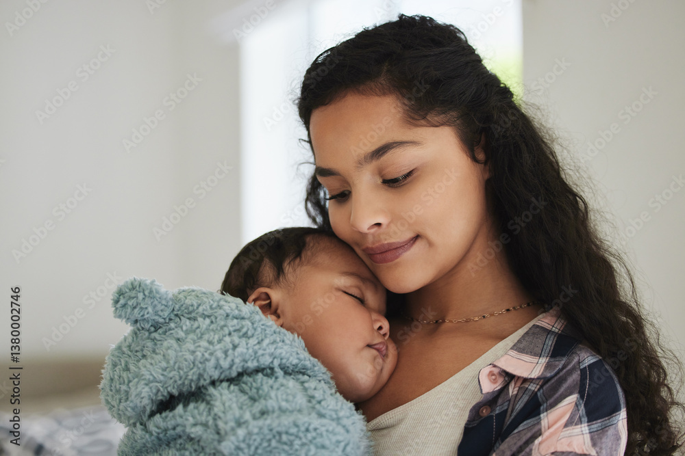 Obraz premium Mother, baby sleeping and care in home, trust and child dream on weekend in mommy embrace. Mom, infant nap and love to nurture in apartment for bonding, support kid and parent for peace in childhood
