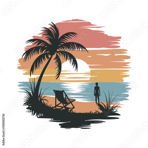 Retro beach palm tree and beach chair vintage t shirt design vector