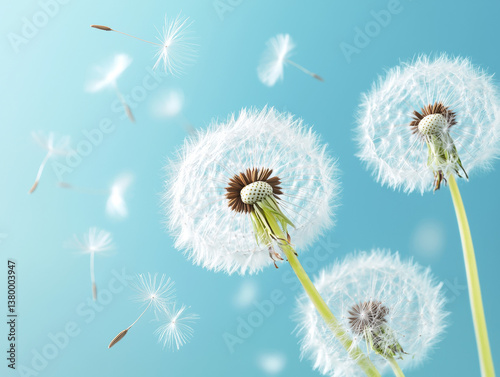 Serene close up of dandelions with feathery seeds floating against soft blue background, evoking sense of tranquility and natural beauty
