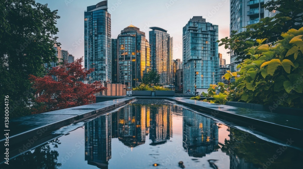 Fototapeta premium Cityscape of skyscrapers reflecting in a body of clear water
