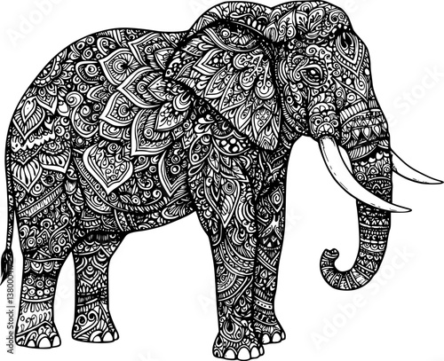 elephant tattoo engraving black and white outline

