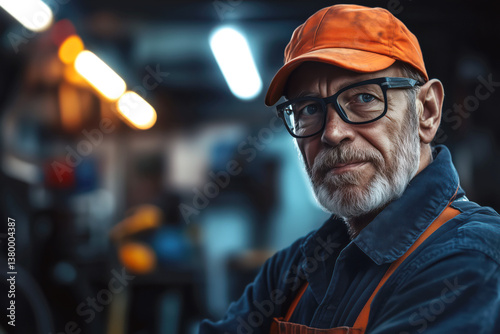 Obraz na płótnie Aged man wearing an orange cap and glasses and glasses is standing in a dimly lit room. He is going to repair a car in a car repair shop. w salonie