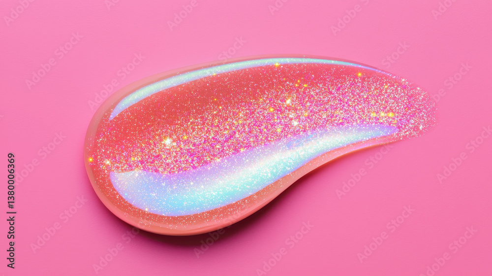 Fototapeta premium Vibrant pink glitter blob with shimmering iridescent hues on a pastel background.