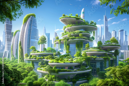Futuristic city embraces sustainability with rooftop gardens and vertical greenery. This urban landscape merges modern architecture with nature, fostering greener, healthier environment