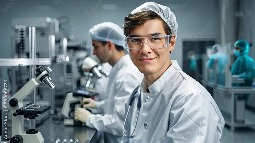 Smiling Scientist in Lab: A young, smiling scientist in a cleanroom suit and safety glasses looks directly at the camera, conveying confidence and expertise within a high-tech laboratory setting. Smiling Scientist in Lab: A young, smiling scientist in a cleanroom suit and safety glasses looks directly at the camera, conveying confidence and expertise within a high-tech laboratory setting.