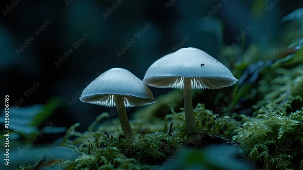 Fototapeta premium Two small glowing mushrooms grow in a mossy woodland setting