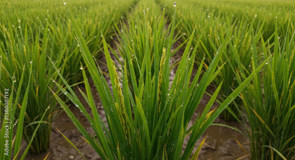 Obraz premium Beautiful close-up of growing green rice plants in a field after a gentle rain.