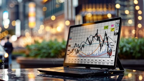 Stock Market Analysis: A modern laptop displays intricate stock market charts, symbolizing business and financial analysis, set against a city backdrop with bokeh lights and a blur pedestrian.