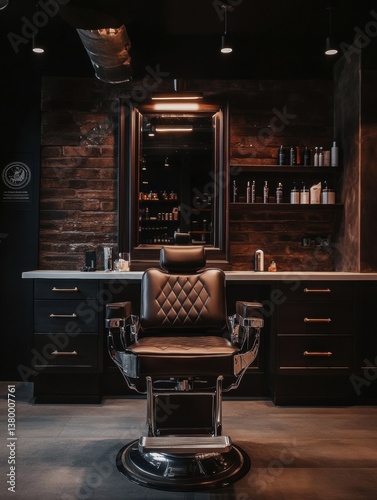 Classic barbershop interior featuring a leather chair and mirror in moody lighting for a masculine vibe