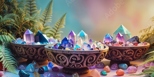 Colorful crystals and stones filling wooden bowls for holistic healing
