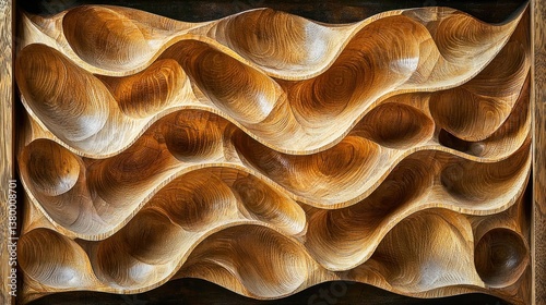 Intricate wood carving, flowing waves