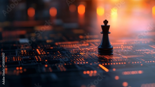 A chess king piece stands tall on a sleek digital chessboard, illuminated by glowing circuitry patterns, representing a blend of strategy and technology