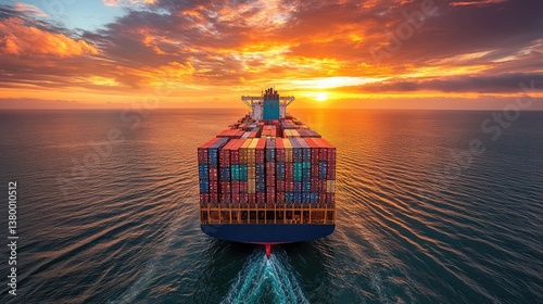 Container ship glides through open sea, bathed in sunset glow, embodying tranquility and vast horizons.