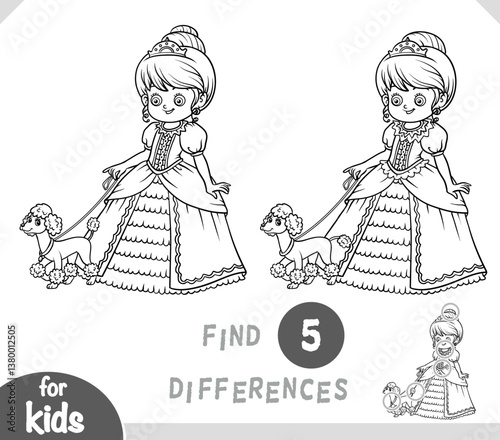 Cartoon princess and cute dog. Find differences, education black and white game for kids