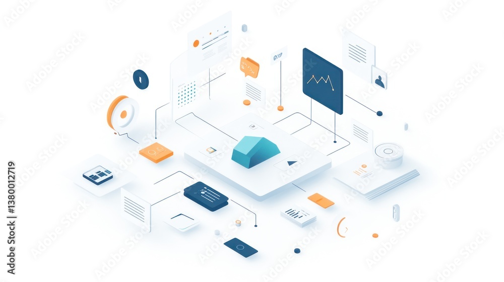 Abstract isometric illustration of interconnected data elements Abstract isometric illustration of interconnected data elements