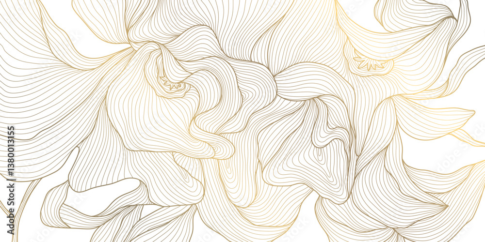 Vector fantasy art deco flower pattern, gold on white line floral background. Leaves luxury elegant illustration, tropical modern wallpaper, spa premium decor