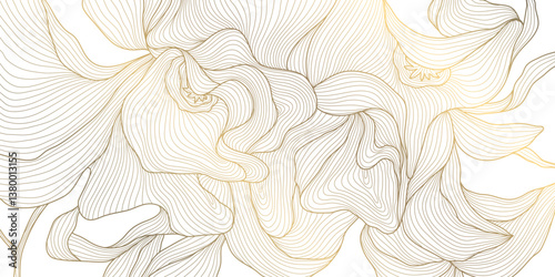 Vector fantasy art deco flower pattern, gold on white line floral background. Leaves luxury elegant illustration, tropical modern wallpaper, spa premium decor
