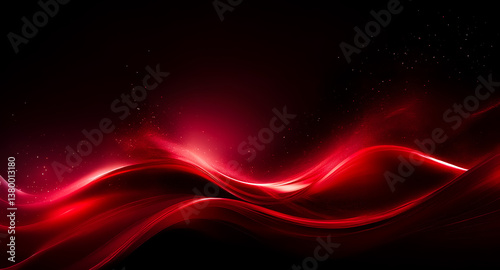 A digitally rendered image shows vibrant red waves flowing across a dark black background, illuminated with bright highlights and soft shadows creating a sense of movement.