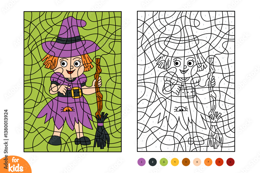 Fototapeta premium Color by number, education game for kids, cute Halloween character Witch and spider