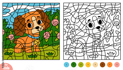 Color by number, education game for kids, Cavalier King Charles Spaniel