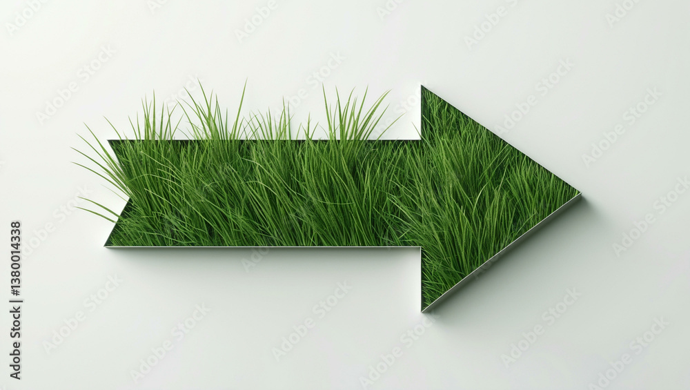 Obraz premium A green arrow featuring lush grass and moss inside points to the right, symbolizing growth and sustainability, set against a neutral background for emphasis