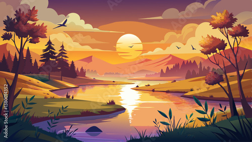 A peaceful river reflecting the golden hues of the sunset, with birds soaring above