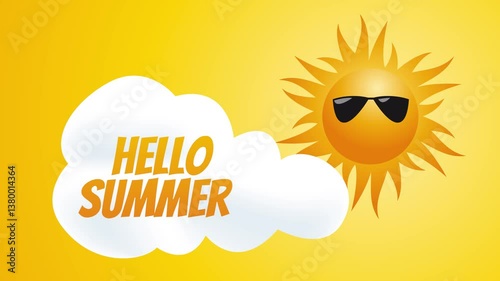 Sun with sunglasses and hello summer text on a yellow background in cartoon style. Animated video