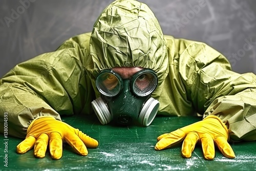 A person in a green hazmat suit and mask is crouched over a surface, suggesting a focus on safety or hazardous material handling.