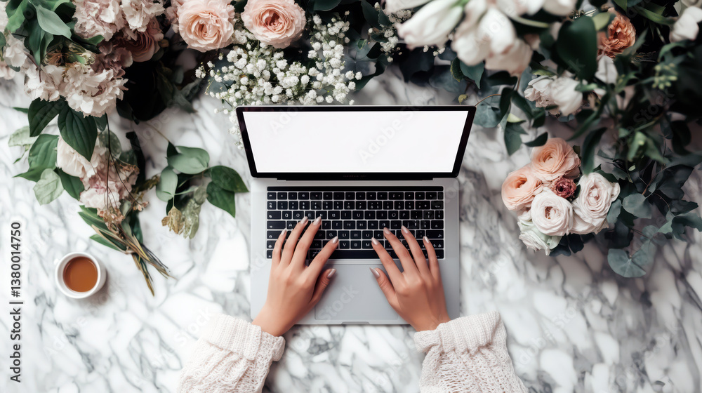 A woman is typing on laptop with white empty screen surrounded by beautiful flowers