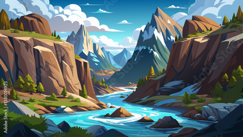 A breathtaking mountain river with rushing white waters cutting through rocky cliffs