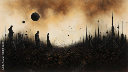 Silhouette Figures in a Brown and Gold Cosmic Cityscape