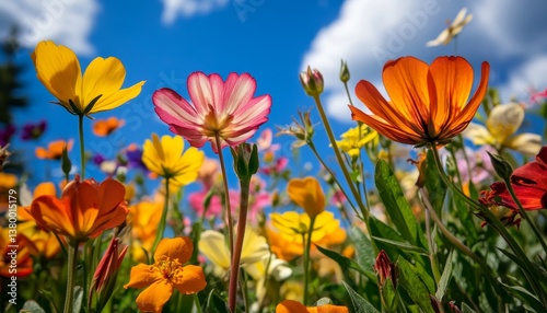 Vibrant Flowers in Full Bloom Captured Under a Bright Blue Sky