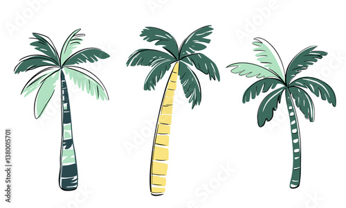 Summertime tropical doodles. Hand drawn palm trees. Exotic collection.
