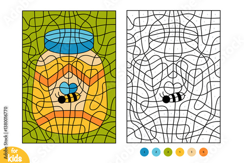 Jar of honey. Color by number, education black and white game for kids