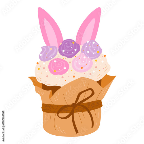 Vector illustration of Easter cake in soft pastel tones, wrapped in craft paper and decorated with marshmallow roses and bunny ears
