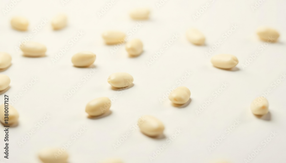 Scattered white beans on pristine white background, closeup, kitchen Scattered white beans on pristine white background, closeup, kitchen
